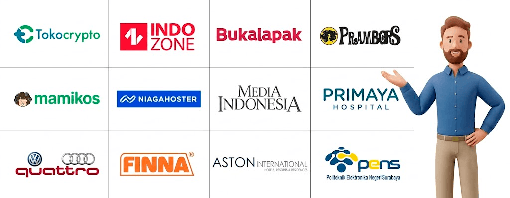 Logo grid klien Omnirank termasuk Tokocrypto, Bukalapak, Aston International, Primaya Hospital, dan Media Indonesia yang sudah mempercayakan strategi digital mereka ke Omnirank