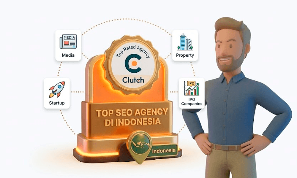 Ilustrasi penghargaan Top SEO Agency Indonesia dari Clutch dengan track record klien dari berbagai industri termasuk media, startup, properti, dan perusahaan IPO