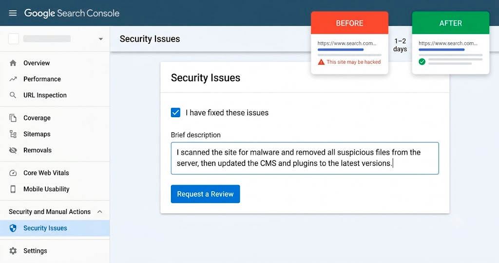 Request review Google Search Console setelah website dibersihkan dari malware