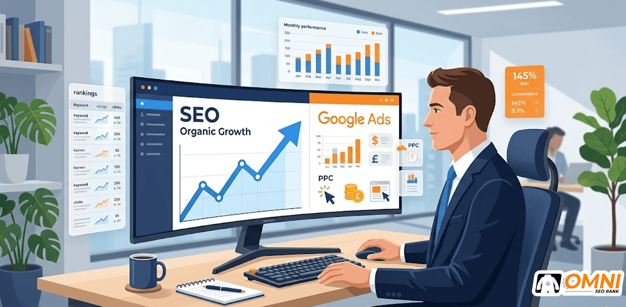 Ilustrasi perbandingan SEO vs Google Ads untuk lead generation jangka panjang