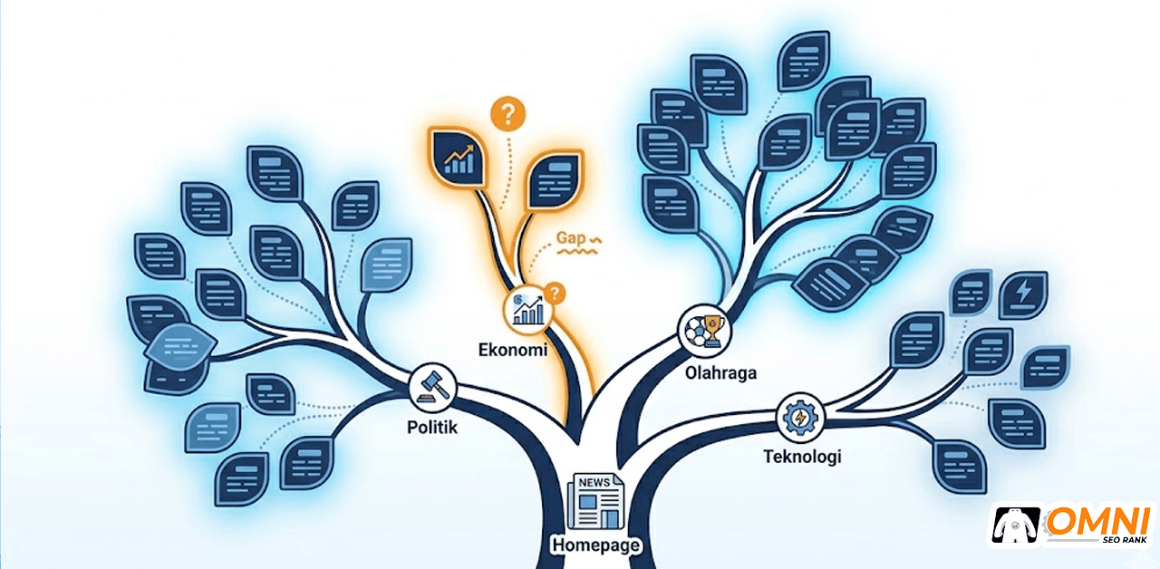 Diagram struktur topical authority portal berita dengan kategori sebagai topical cluster