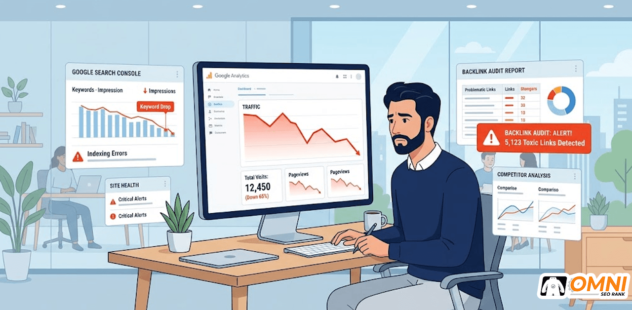 traffic-website-turun-diagnosis-recovery-omnirank.id copy Ilustrasi profesional SEO menganalisis penurunan traffic website di dashboard Google Analytics