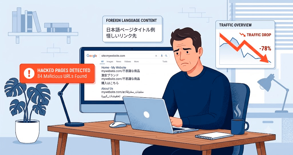 Pemilik website WordPress melihat halaman berbahasa asing hasil inject hacker terindeks di Google Search