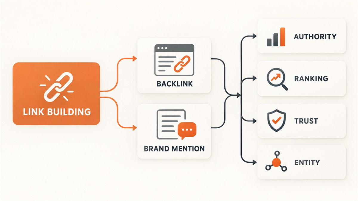 Diagram trust signal: backlink berkualitas dan brand mention membangun authority serta reputasi.